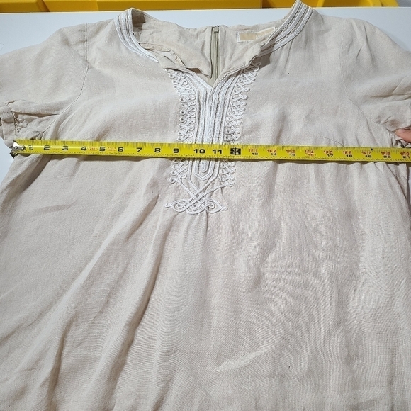 Michael Kors Tan Beige Embroidered 100% Linen V Neck Tunic Top - Picture 10 of 11